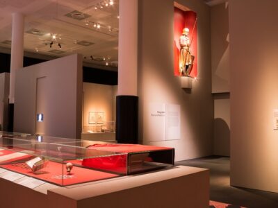 A museum with a display of artifacts.